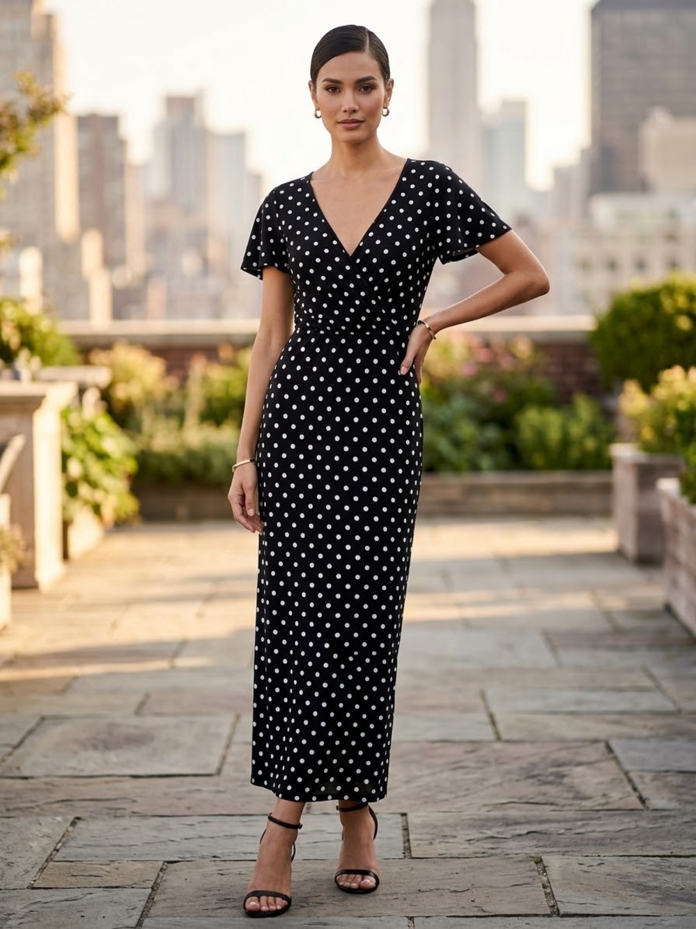 Nina Leonard Black and White Polka Dot VโNeck Maxi Dress